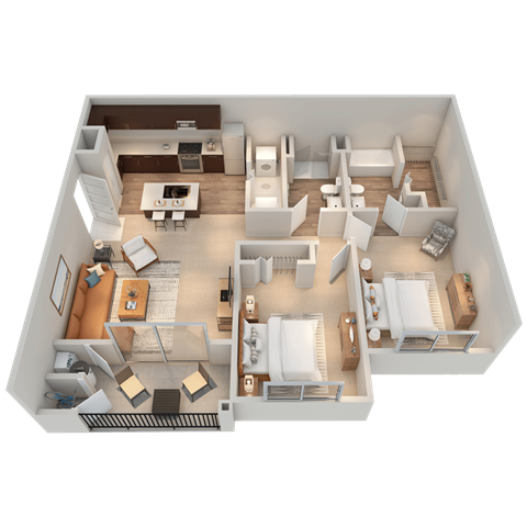 Floor plan for 2 beds, 2 baths, 1035 sqft